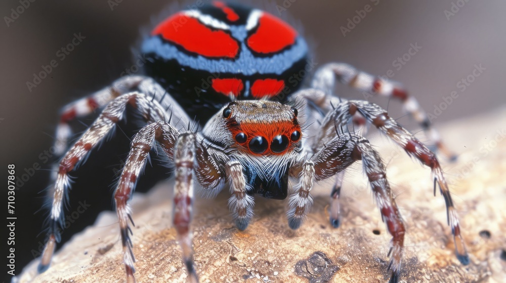 A jumping spider with large red eyes is seen on a rock in a closeup shot. A jumping spider with large red eyes is seen on a rock in a closeup shot.