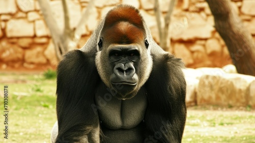 A gorilla  resembling a grumpy gorilla  is seen sitting on top of a lush green field with a bold serious expression.