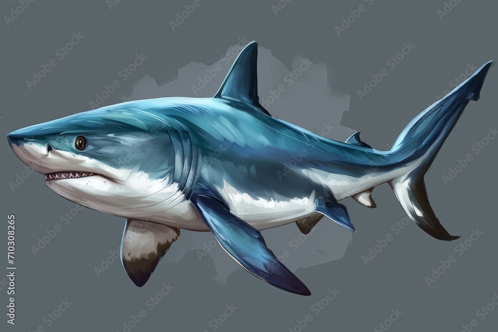 A megalodon shark is seen on a gray background in a sharp digital painting. A megalodon shark is seen on a gray background in a sharp digital painting.