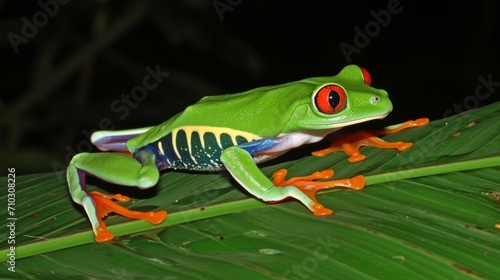 A beautiful frog is seen on a leaf in a closeup photo. © Duka Mer