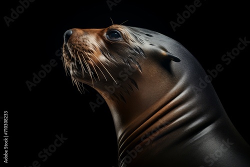 A seal, known as the king of the sea, is seen in a creature portrait on a black background. photo