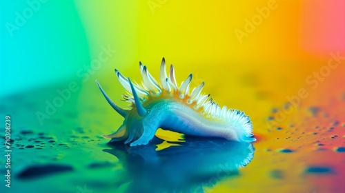 A bioluminescent sea creature, showcasing surreal colors, is seen on a table. photo