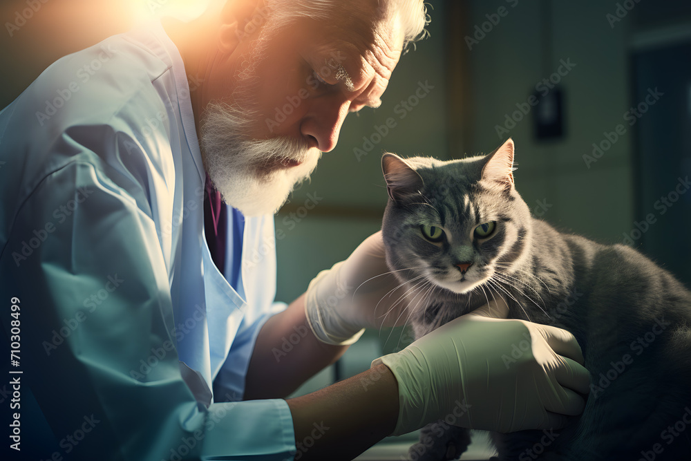 Man with glasses is a doctor examining an animal during an initial ...