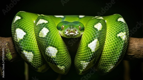 A green snake with green skin and scales is seen on a branch in a closeup portrait shot.