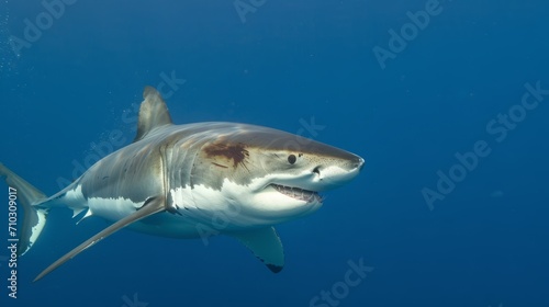 A great white shark with a white muzzle is seen swimming in the ocean in a sharp, high-quality photo.