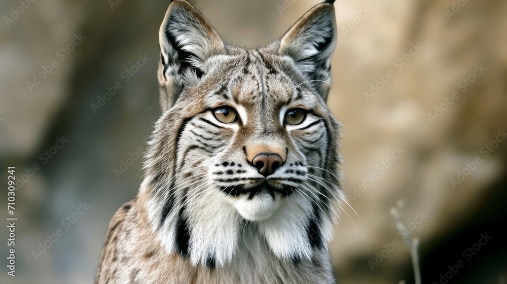A lynx with a hard predatory look is seen in a close portrait. A lynx with a hard predatory look is seen in a close portrait.