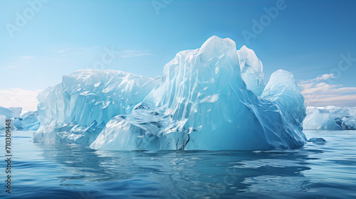 Serene Iceberg Seascape, majestic iceberg rises from the serene blue waters, its crystalline structure glistening under the soft daylight, symbolizing the beauty of nature's creations