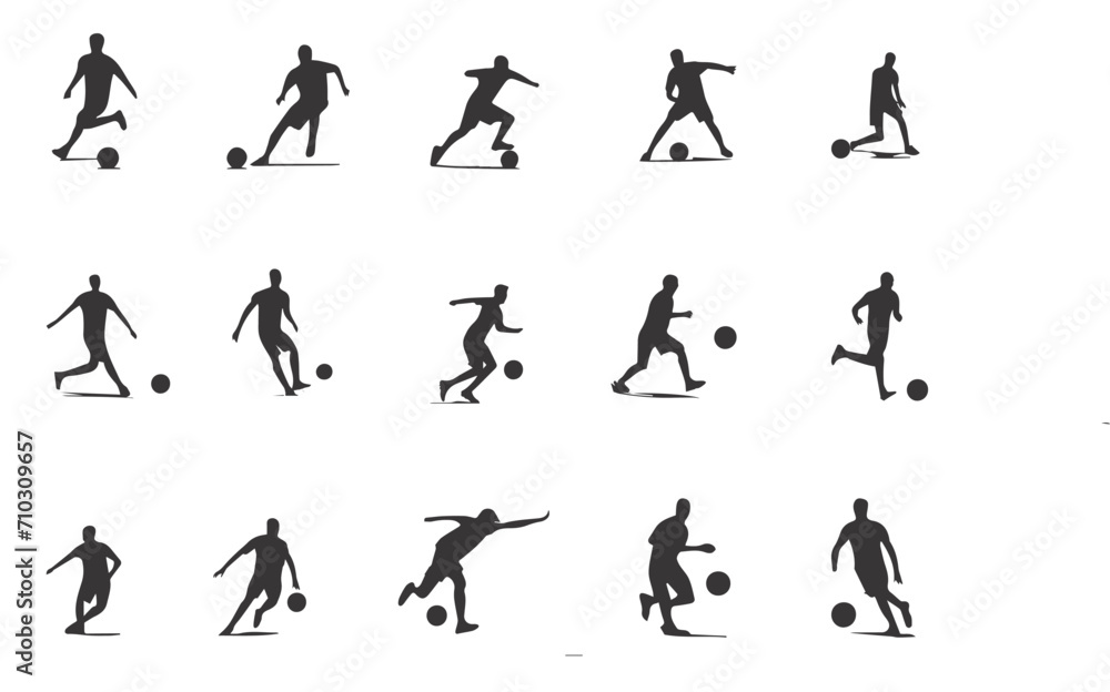 A set of football player, sports people playing football. in various poses isolated vector silhouette on white background