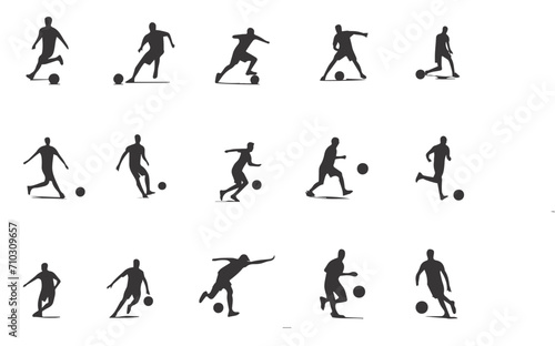 A set of football player, sports people playing football. in various poses isolated vector silhouette on white background