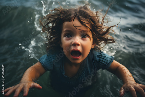 Drowning child girl with a very frightened face and raising his hands screams asking for help in the water of a river, lake, sea