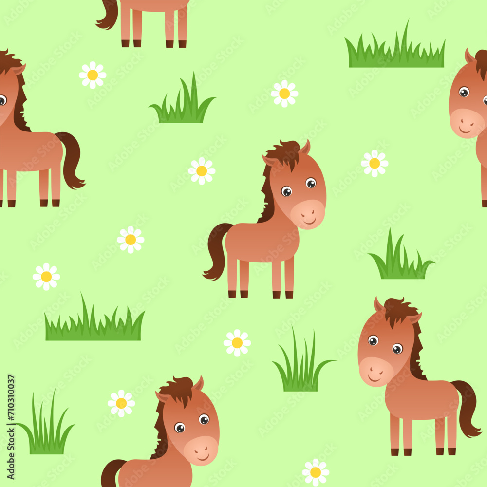 Naklejka premium Cute horse on green meadow. Seamless pattern with little cartoon brown foal, grass and flowers. Vector illustration of funny animal. Children's style.