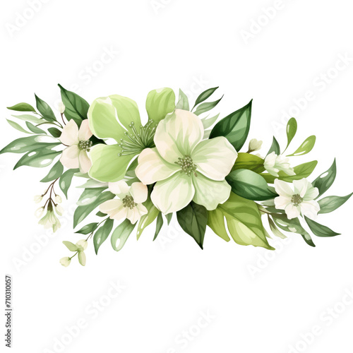 atercolor of Tropical spring floral green leaves and flowers isolated on transparent background