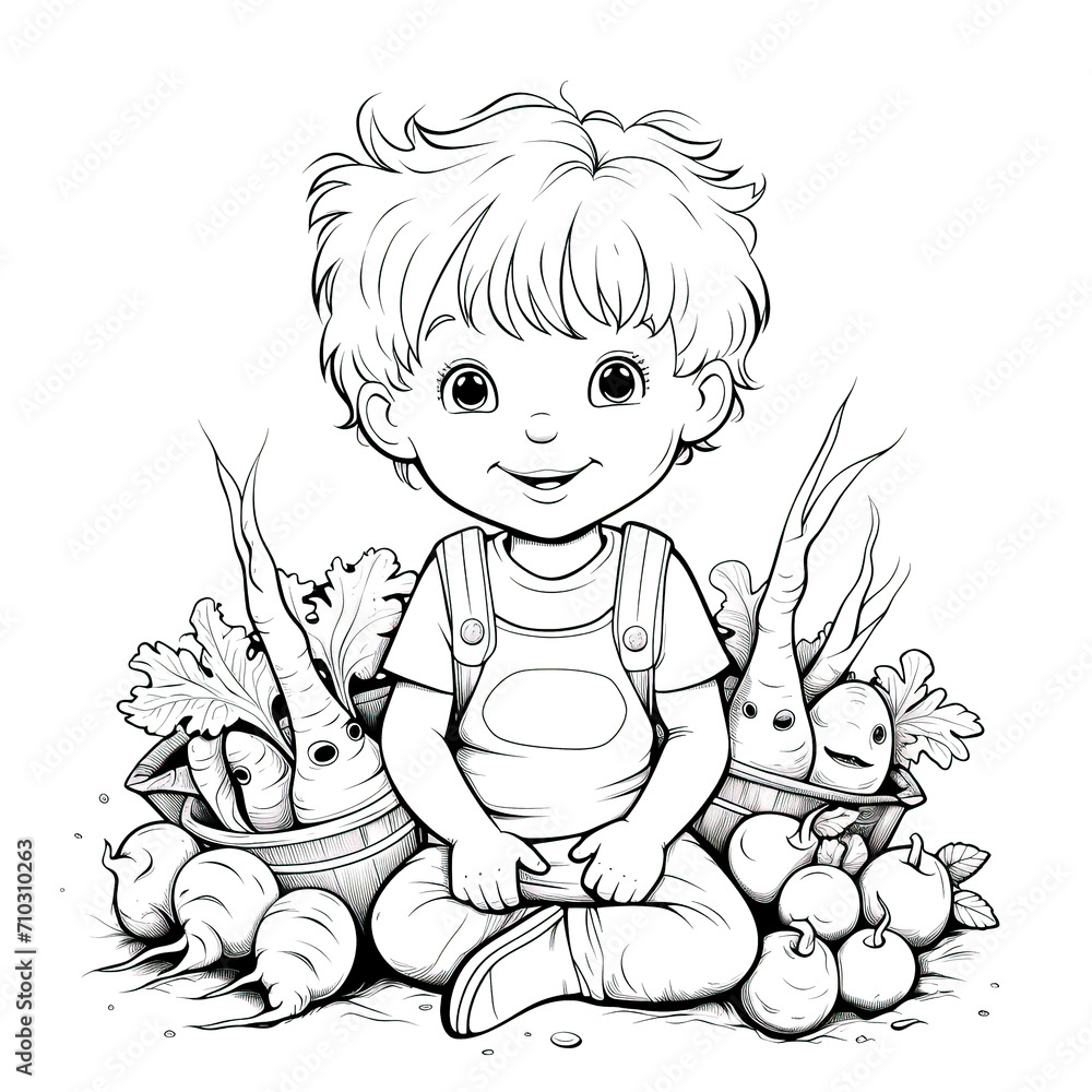 Children coloring sheet with carrot and kid illustration Children coloring sheet with carrot and kid illustration