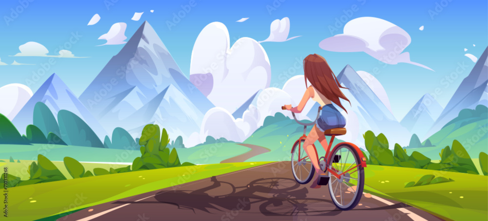 Young girl riding bicycle on road that goes across meadow with green grass and trees to high rocky mountains under blue sky with clouds. Cartoon vector summer landscape with girl driving bike to hills