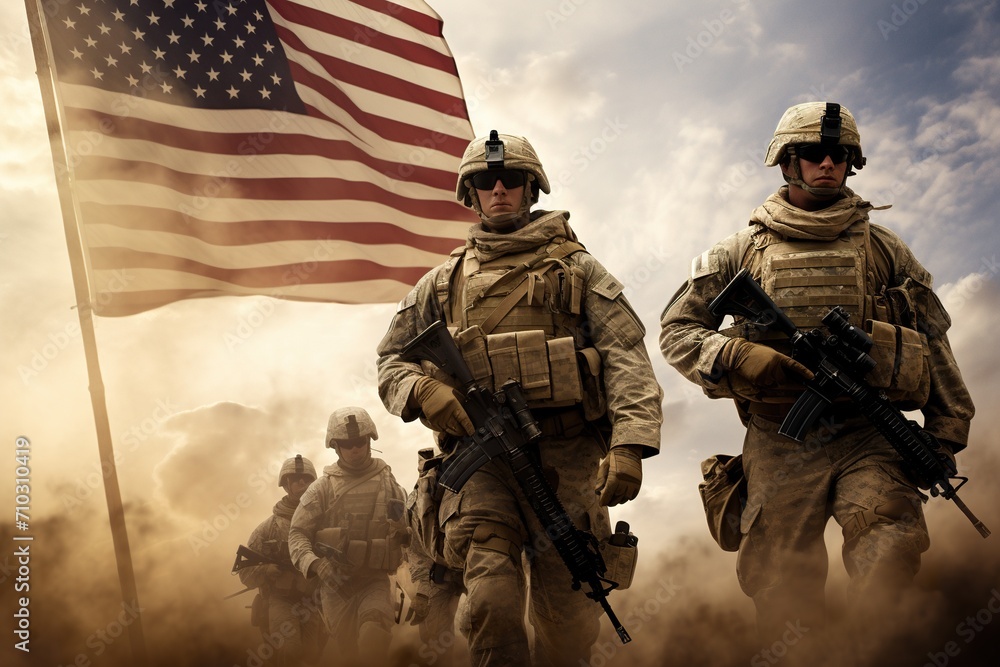 military squadron walking in the dust with the american flag - obrazy, fototapety, plakaty 