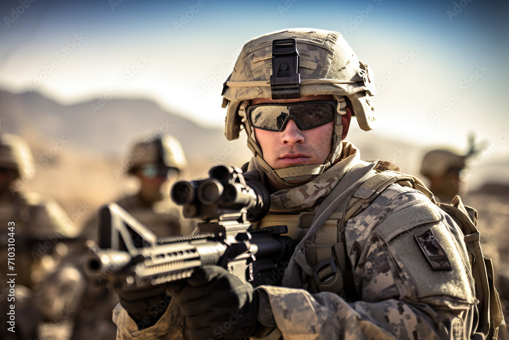 close-up of American soldier with his weapon raised in defense while walking close-up of American soldier with his weapon raised in defense while walking