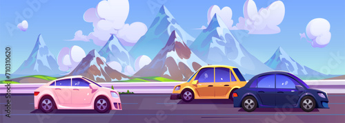 Cars driving on road with mountains in horizon. Cartoon vector landscape with highway with automobiles travelling by asphalt highway near rocky hills. Skyline with three vehicles riding on roadway.
