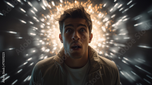 A man expressing surprise and wonder against a backdrop of dynamic light streaks