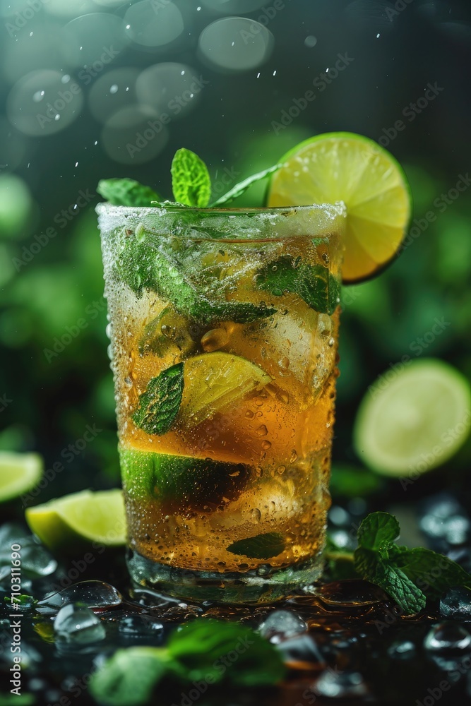 Close-up of a refreshing tropical drink with ice, mint, and a slice of lime, condensation on the glass Close-up of a refreshing tropical drink with ice, mint, and a slice of lime, condensation on the glass