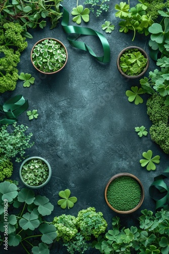 Artistic flat lay with a variety of green items symbolizing St. Patrickss Day photo