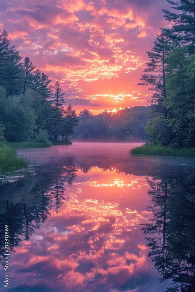 Twilight sky over a tranquil lake, reflections of pink and orange hues on the water, serene and calming