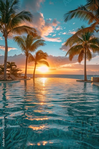 Relaxing poolside scene at a tropical resort, palm trees swaying, golden sunset light reflecting on the water