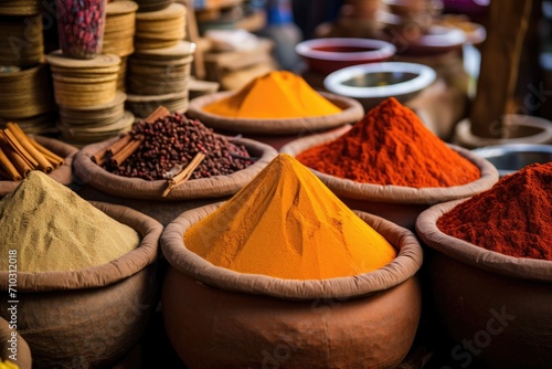 An image featuring a variety of spices presented in bowls on a table, A variety of spices in a Moroccan spice market, AI Generated photo