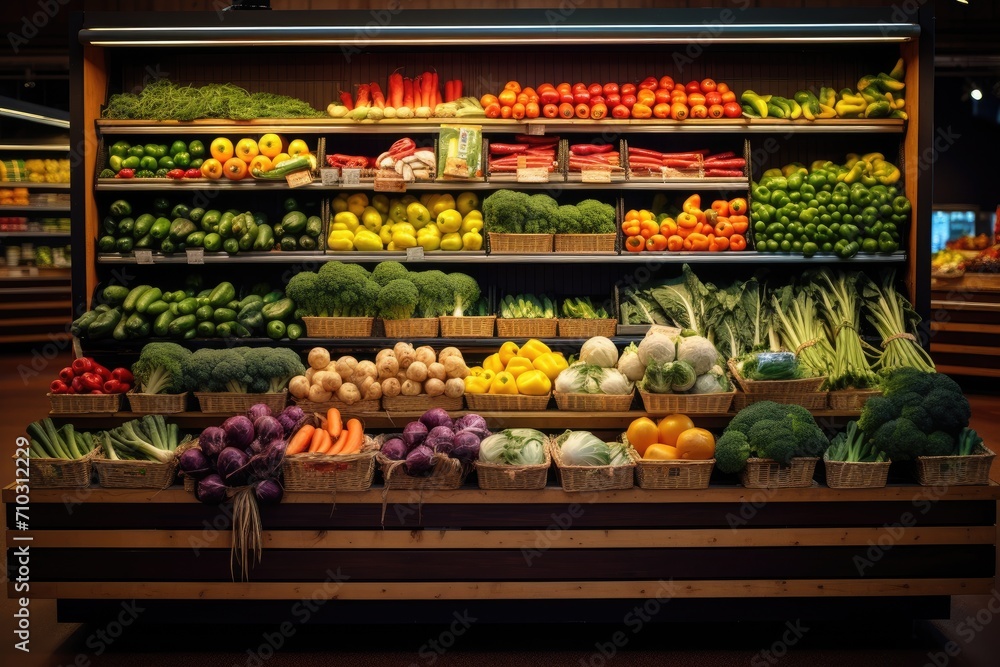 The produce section in a grocery store is filled with an assortment of fresh fruits and vegetables, A vibrant display of organic produce at a grocery store, AI Generated
