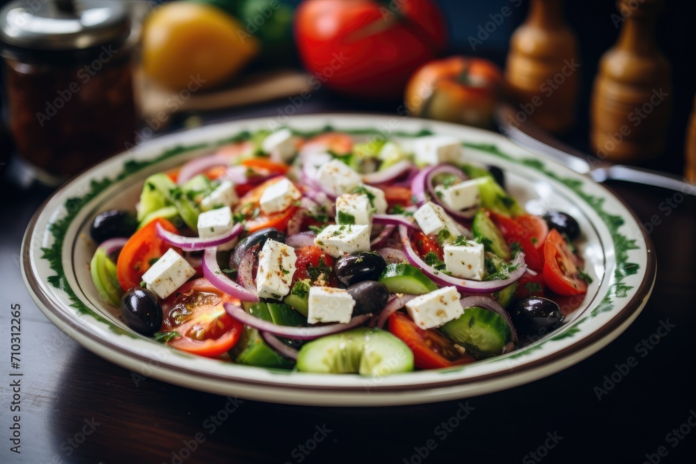 A plate filled with a vibrant and refreshing assortment of olives, tomatoes, cucumbers, and feta cheese, A vibrant Greek salad with feta cheese and kalamata olives, AI Generated A plate filled with a vibrant and refreshing assortment of olives, tomatoes, cucumbers, and feta cheese, A vibrant Greek salad with feta cheese and kalamata olives, AI Generated
