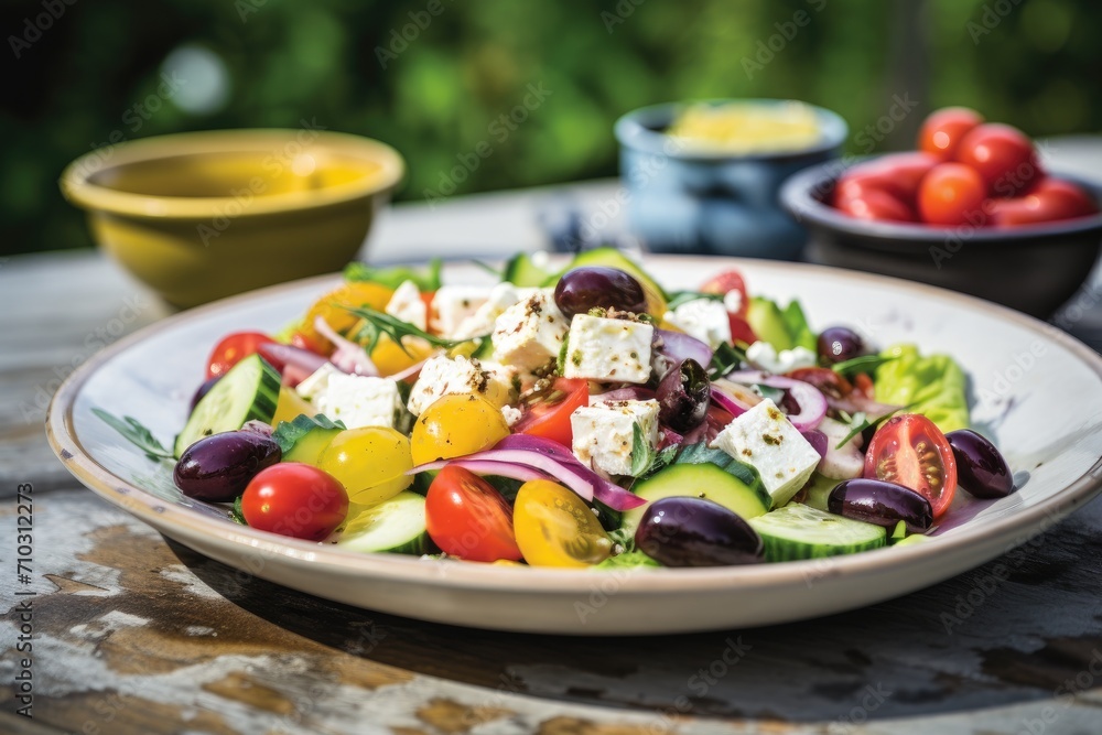 Plate of Fresh Salad With Tomatoes, Cucumbers, Olives, and Feta, A vibrant Greek salad with feta cheese and kalamata olives, AI Generated Plate of Fresh Salad With Tomatoes, Cucumbers, Olives, and Feta, A vibrant Greek salad with feta cheese and kalamata olives, AI Generated