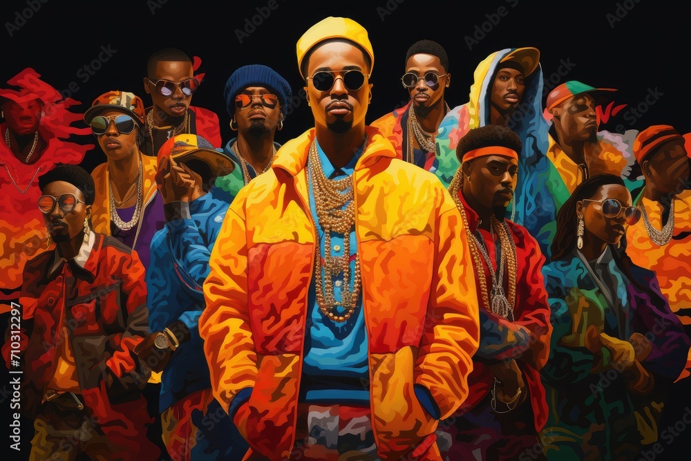 A vivid painting showcasing a man in a yellow jacket amidst a group of other men, A vibrant mosaic of hip hop fashion trends, AI Generated