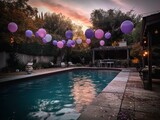 Summer outdoor pool party, outdoor pool decorated with balloons