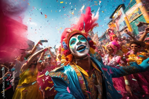 A man wearing a clown mask and colorful makeup entertains with a vibrant and lively performance, A vibrant carnival scene with festive, colorful clothing, AI Generated