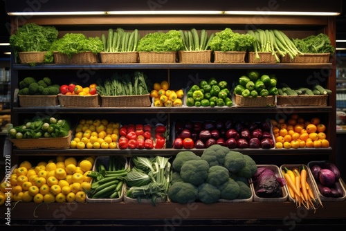 A diverse assortment of fresh produce fills a display in a bustling grocery store, A vibrant display of organic produce at a grocery store, AI Generated