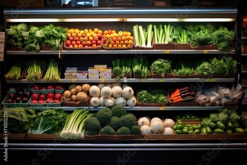 A wide variety of fresh fruits and vegetables beautifully arranged in a grocery store display, A vibrant display of organic produce at a grocery store, AI Generated