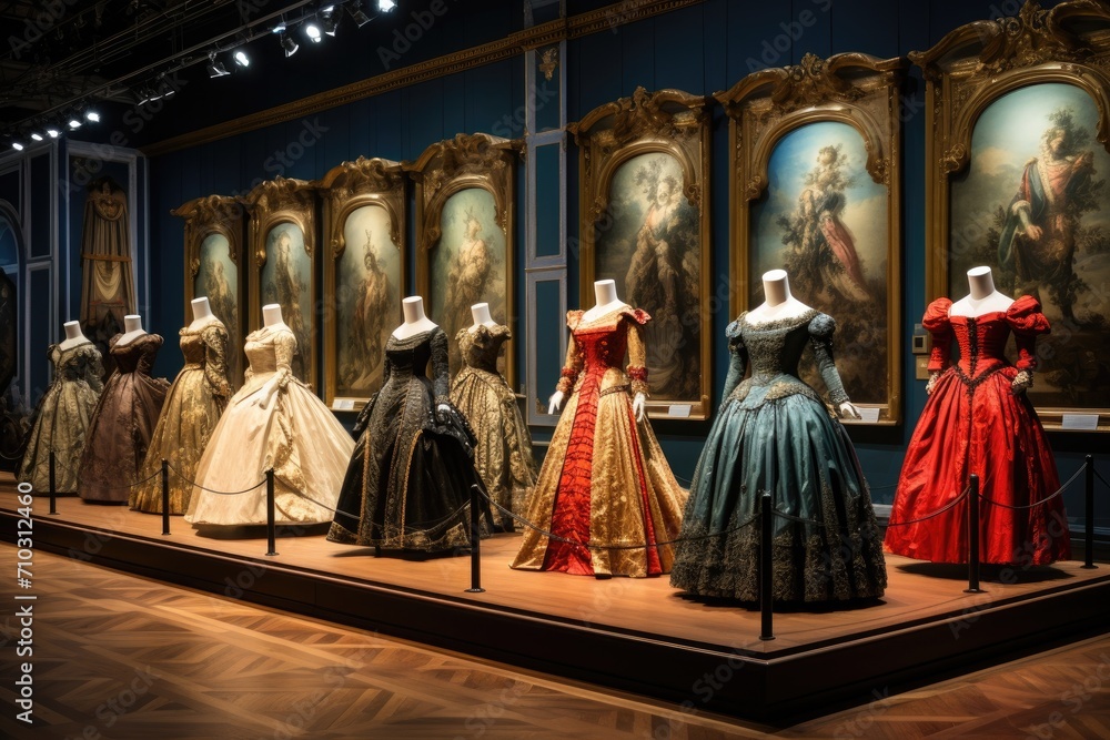 A selection of stylish dresses are showcased in a boutique window, ready for shoppers to browse and purchase, A Victorian-era royal court with elaborate gowns, AI Generated A selection of stylish dresses are showcased in a boutique window, ready for shoppers to browse and purchase, A Victorian-era royal court with elaborate gowns, AI Generated