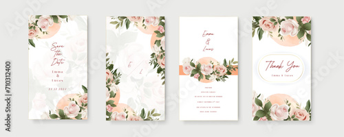 Pink rose vector wedding invitation card set template with flowers and leaves watercolor. Wedding invitation template in portrait or story orientation for social media poster