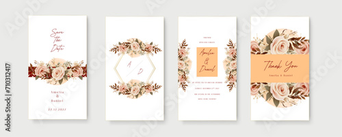 Beige and pink rose set of wedding invitation template with shapes and flower floral border. Wedding invitation template in portrait or story orientation for social media poster