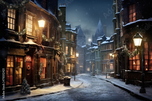 A wintry city scene at night  featuring a charmingly decorated Christmas tree on a snowy street  A Victorian street scene on a snowy evening  AI Generated