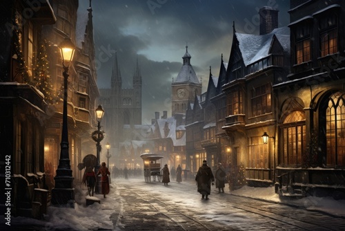 A winter street scene captured with people casually walking through the snowy landscape, A Victorian street scene on a snowy evening, AI Generated