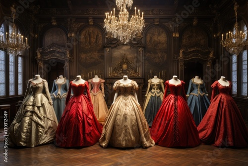 A variety of dresses neatly placed on top of a wooden floor, A Victorian-era royal court with elaborate gowns, AI Generated