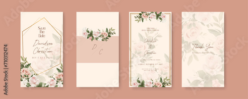 Pink and beige rose artistic wedding invitation card template set with flower decorations. Wedding invitation template in portrait or story orientation for social media poster