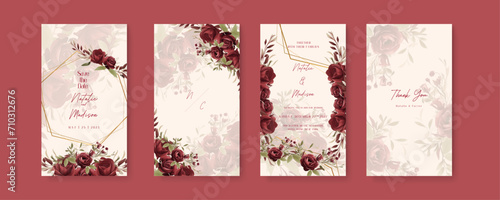 Red rose luxury wedding invitation with golden line art flower and botanical leaves, shapes, watercolor. Wedding invitation template in portrait or story orientation for social media poster