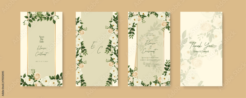White and beige rose artistic wedding invitation card template set with flower decorations. Wedding invitation template in portrait or story orientation for social media poster White and beige rose artistic wedding invitation card template set with flower decorations. Wedding invitation template in portrait or story orientation for social media poster