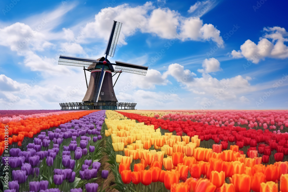 Windmills in the field with colorful tulips, in the style of colorful cityscapes, photo-realistic landscapes, dutch baroque

