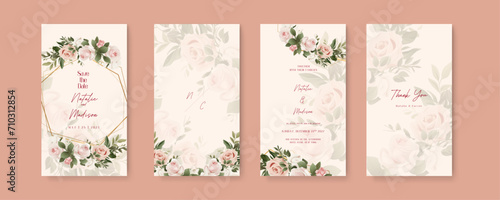 Pink rose vector wedding invitation card set template with flowers and leaves watercolor. Wedding invitation template in portrait or story orientation for social media poster