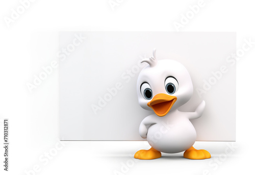 Illustration of cute duck cartoon holding the white banner board with copy space, Generative AI image. 