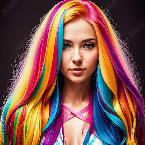 Woman with long rainbow hair 