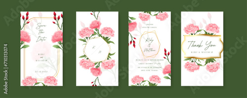 Pink carnation artistic wedding invitation card template set with flower decorations. Wedding invitation template in portrait or story orientation for social media poster