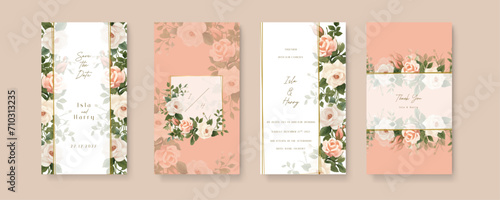 Peach and beige rose wedding invitation card template with flower and floral watercolor texture vector. Wedding invitation template in portrait or story orientation for social media poster